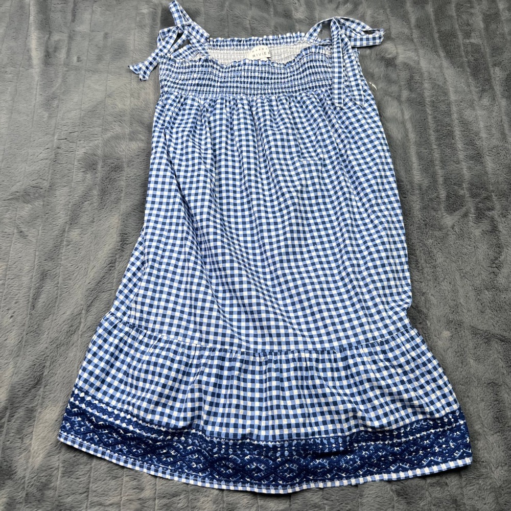 Margaux Riviera Blue Gingham Smocked Cotton Tie Strap Tiered Dress Womens Large